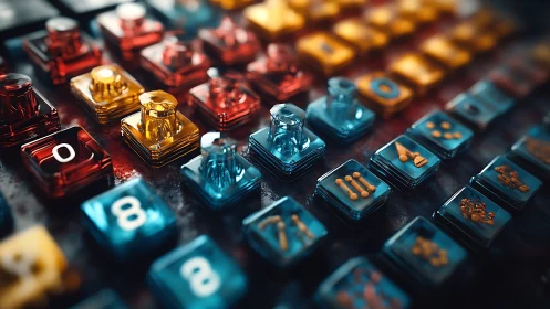 Glassy data keys marching across a neon logic grid.