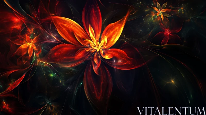 Fractal floral forms with luminous red and orange petals.