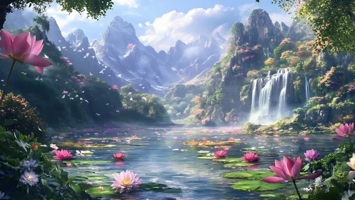 Dreamlike lotus lake below high snowy mountains and falls.
