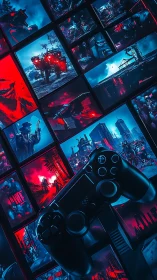 Gaming controller over neon cyberpunk game mosaic grid.