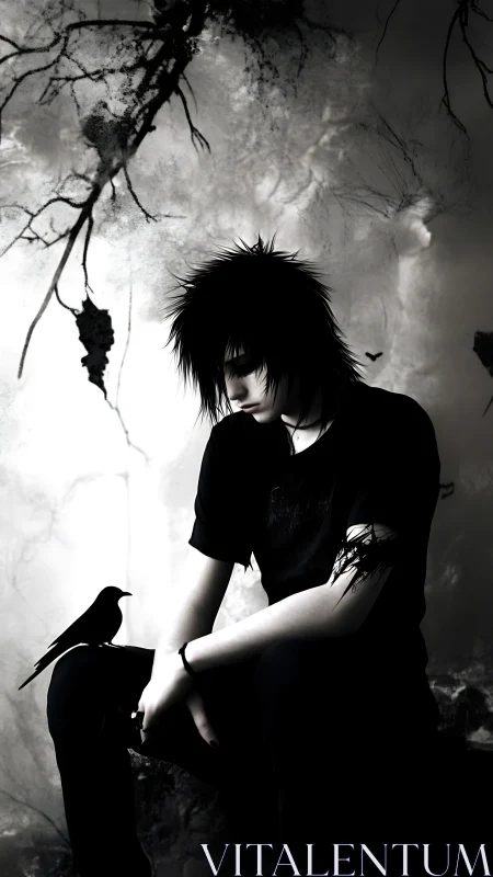 Solitary goth youth sits with black crow in misted ruins