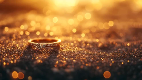 Macro shot of diamond solitaire ring on glittered surface.