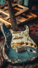 Relic blue electric guitar lies diagonally on worn fabric