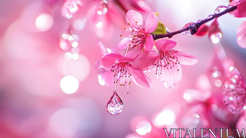 Pink blossoms glistening with fresh raindrops and bokeh.