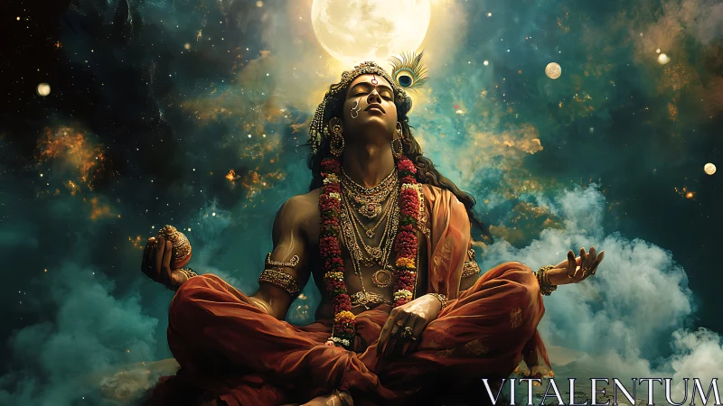 Meditative figure seated under full moon in dense starfield