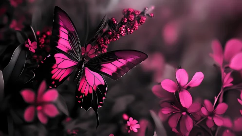 Magenta butterfly macro on pink blossoms, shallow bokeh field