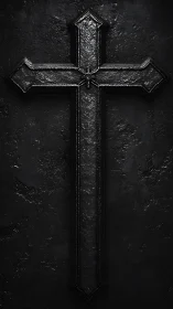 Dark metallic cross with textured surface on rough wall