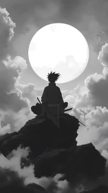 Moonlit swordsman resting above the clouds in quiet thought.