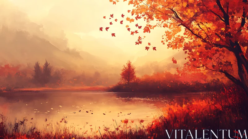 Golden autumn lake where drifting leaves hush the day.