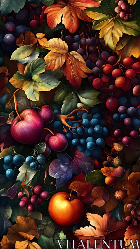 Autumnal fruit still life with saturated foliage and depth.