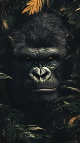 Gorilla eyes pierce the jungle shadows in moody close-up.