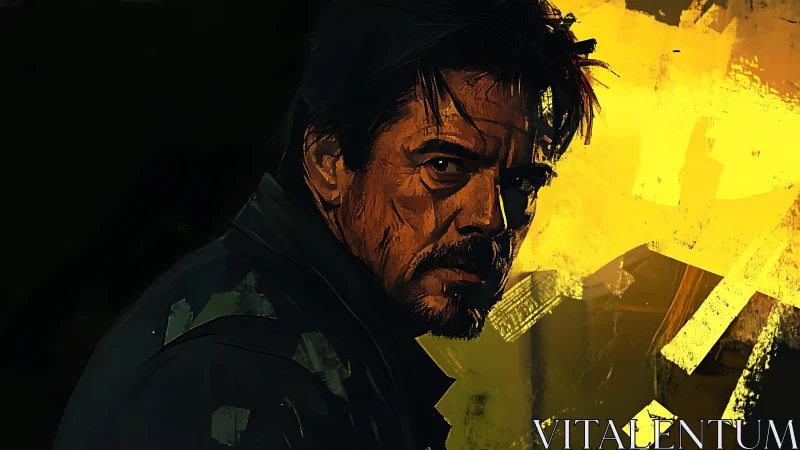 Brooding man in golden light with bold painterly shadows.