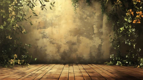 Sunlit rustic wall and wooden floor frame a quiet garden stage