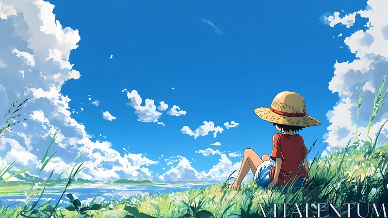 Summer sky stretches above child resting in green field.