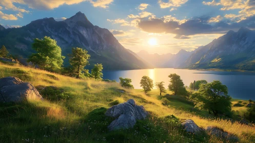 Golden sunset over alpine lake with luminous green slopes.