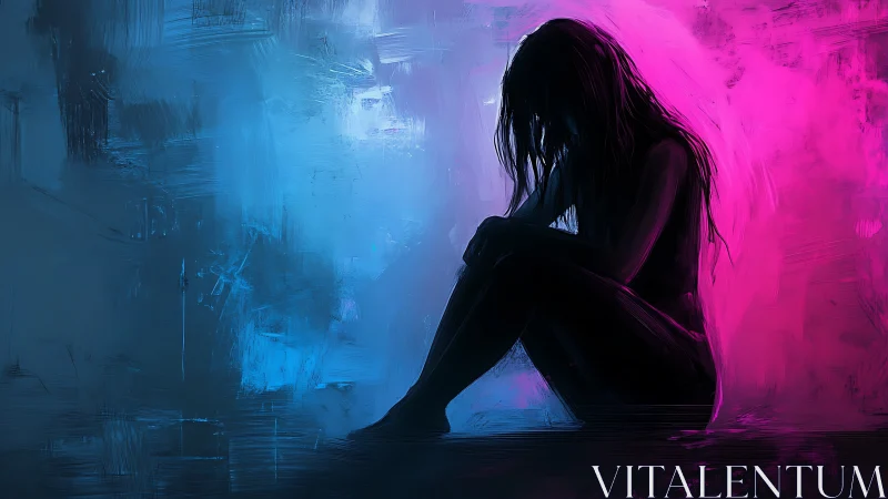 Neon shadows cradle a lone silhouette in quiet ache