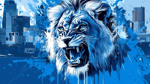 Roaring neon lion floods the steel city with electric blue