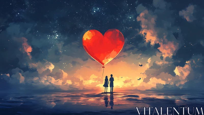 Two Hearts Beneath Scarlet Dreams. Digital Art.