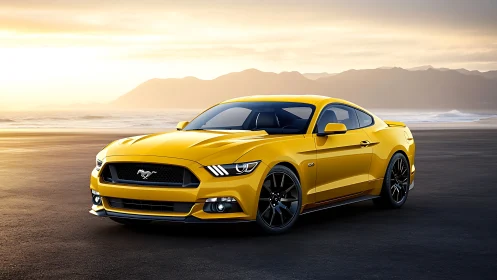 Yellow sports coupe parked on coastal asphalt at sunset.