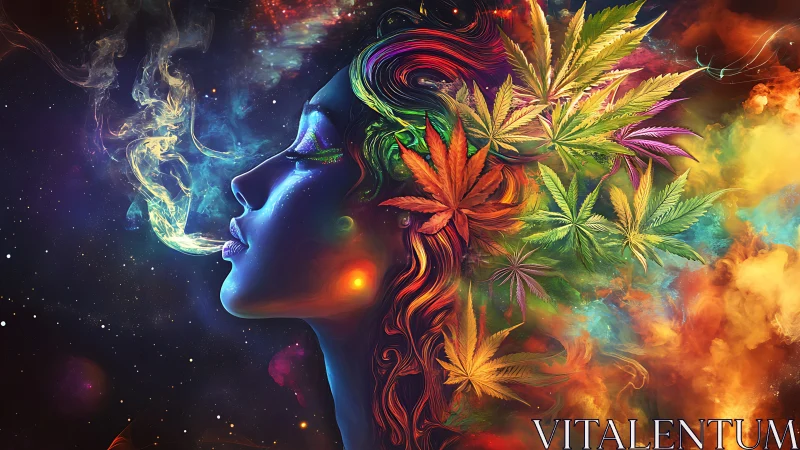 Dreamy cosmic muse wrapped in rainbow leaves and light.