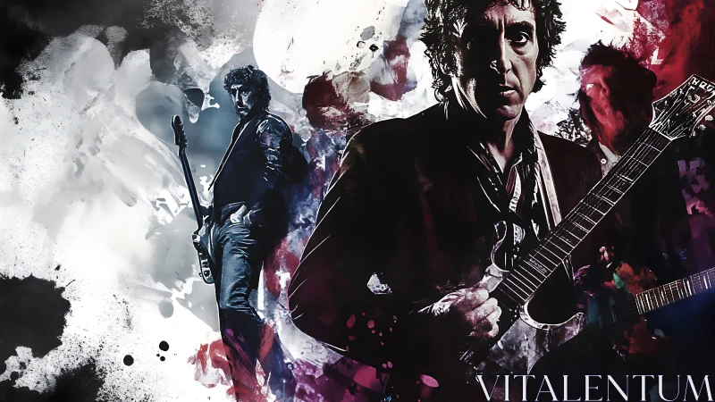 Multi-exposure electric guitarist within splattered chromatic field.