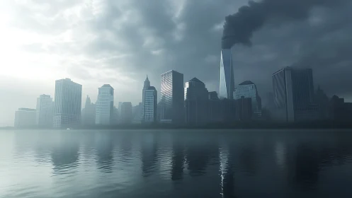 Smoke-topped skyline mirrored on misty waterfront horizon.
