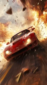 Red sports car bursts through fiery explosion in motion