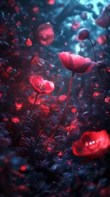 Glowing Red Poppies in Neon Dreamscape.