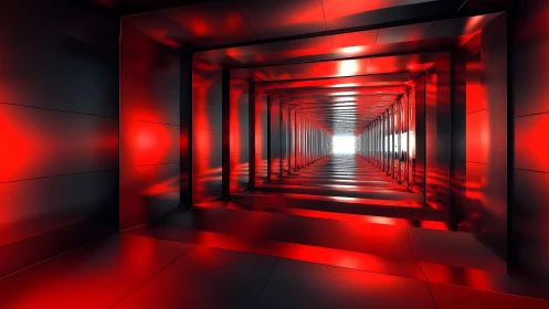 Futuristic red metallic tunnel with glowing lights and reflections.