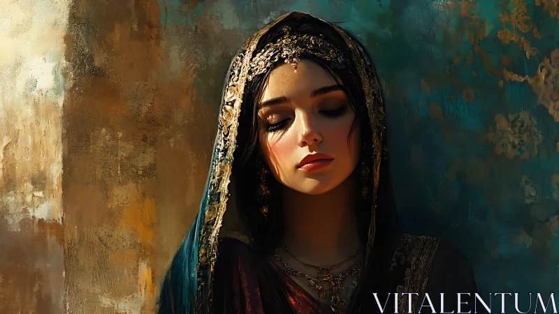 Woman in ornate headscarf against textured color wall.