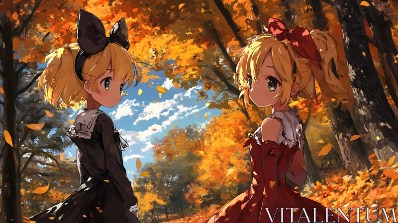 Twin blonde girls in gothic dresses amid vivid autumn forest