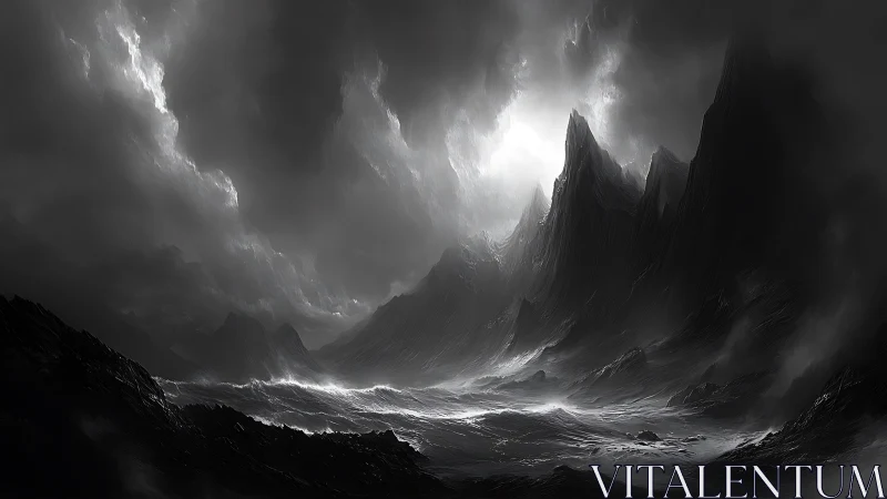 Monochrome storm-swept abyssal valley channels dramatic light