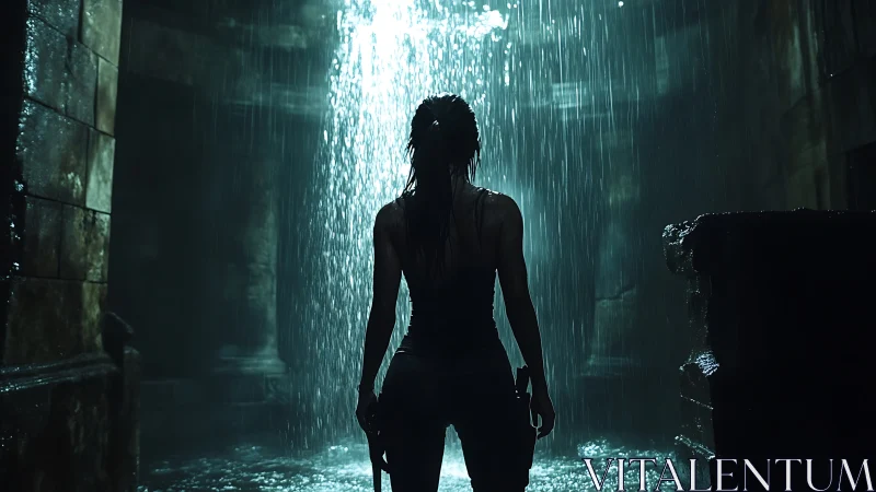 Silhouetted adventurer under cascading light in ruins.