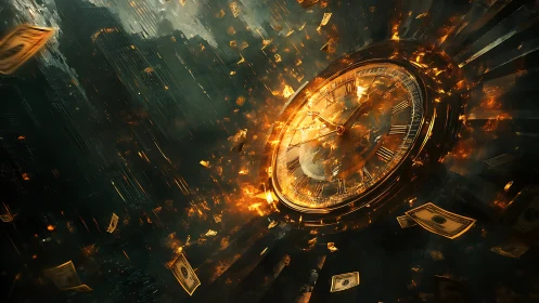 Golden clock shatters amid city skyline and floating money.