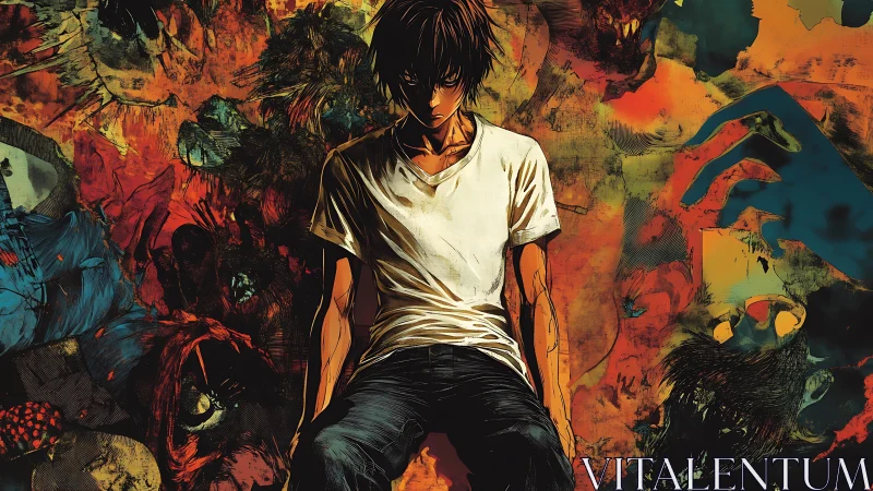 Brooding anime loner amidst chaotic painted nightmarescape.