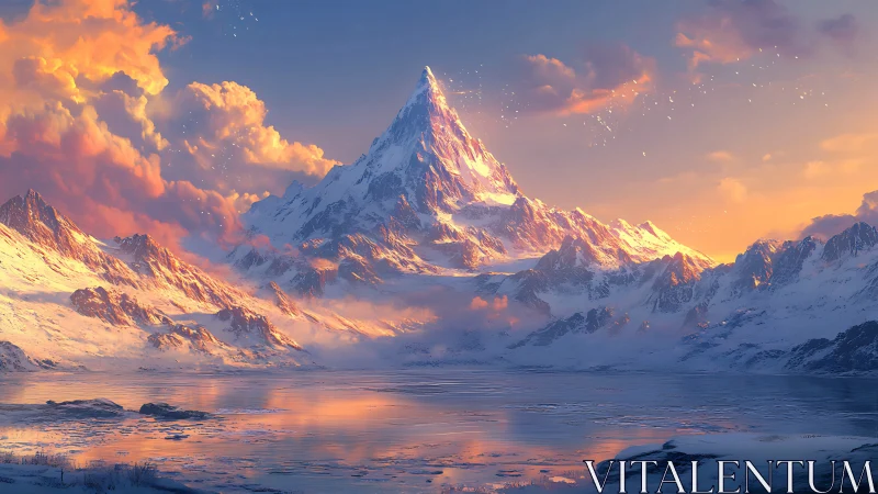 Golden sunrise kisses a tranquil snowcapped mountain peak