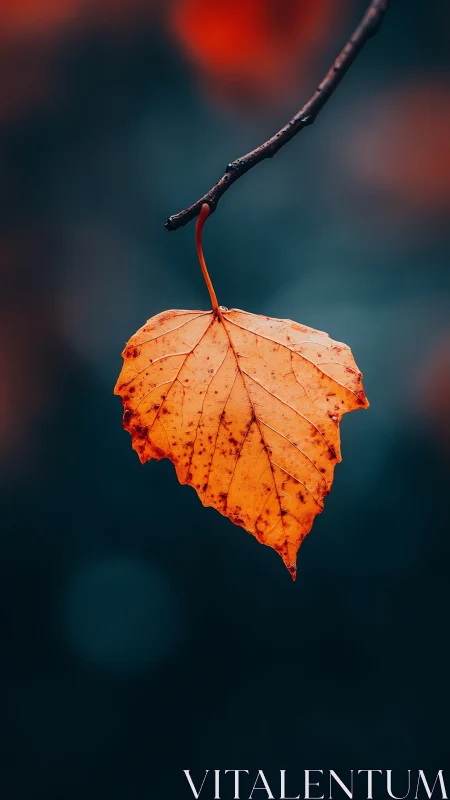 Single suspended autumn leaf against teal bokeh field