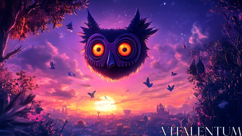 Surreal twilight cityscape with glowing owl mask entity.