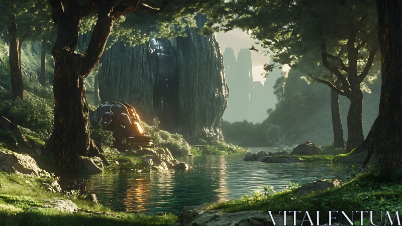 Mystical Forest Ravine with Ancient Structure and Still Water