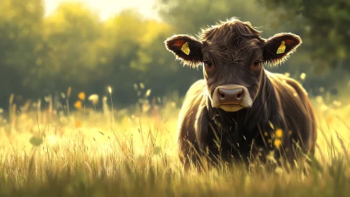 Young brown cow resting in sunlit meadow at sunrise.