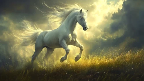 White stallion galloping through sunlit stormlit meadowscape