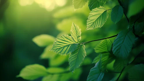 Sunlit Green Leaves in Soft Focus Nature Photography.