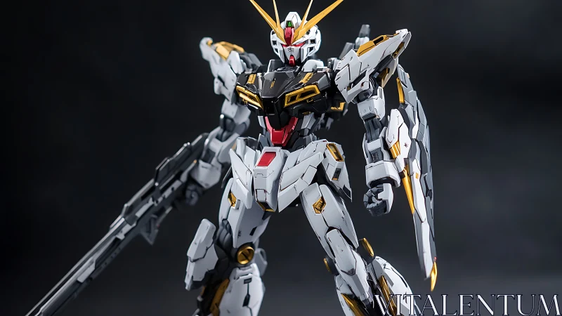 Mecha model robot with dynamic armor plating and rifle.