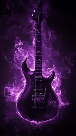 Electric guitar rises through glowing violet smoke aura.