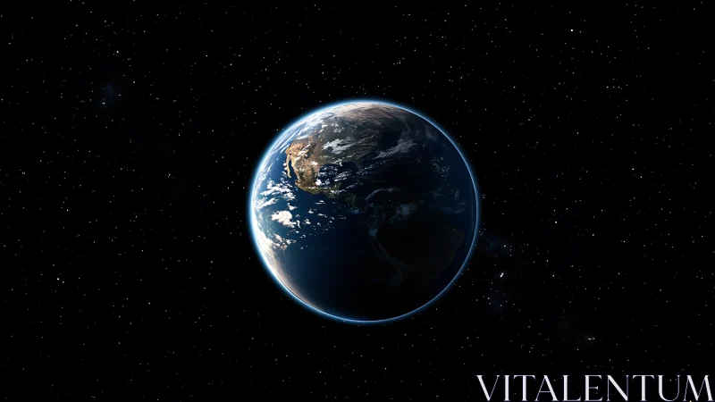 Earth in serene orbit amid dense starfield darkness.