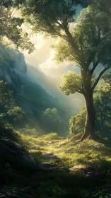 Ancient Canopy: Luminous Valley Canyon with Sentinel Tree Archway.