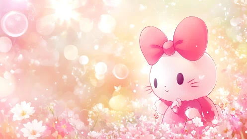 Blushing bow kitten wandering through pastel blossom daydreams.
