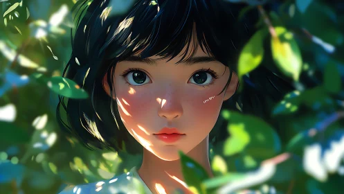 Leaflit daydreamer gazes through sun-dappled garden hush.