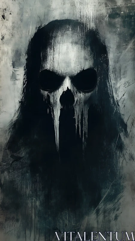 Dripping skull specter emerging from textured darkness.