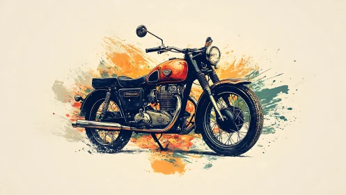 Vintage parallel-twin motorcycle amid dynamic color splashes.